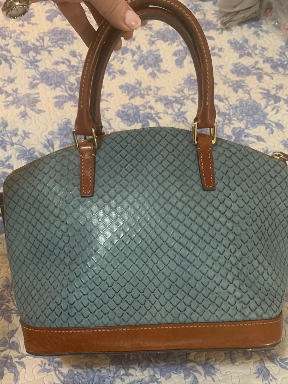 Dooney & Bourke Blue Textured Satchel with Brown Leather Trim - Picture 3 of 10